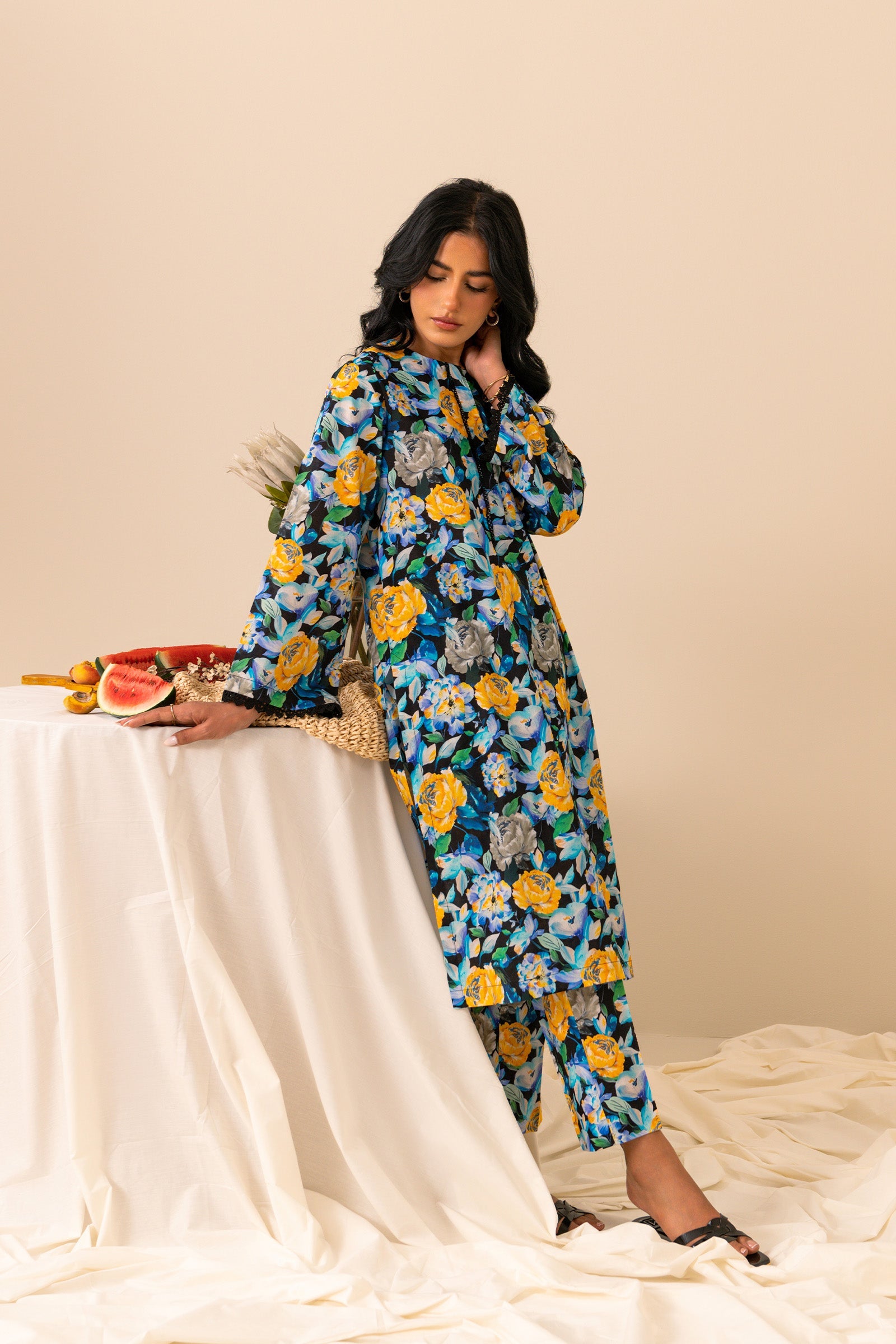 Buy ladies navy cambric suit with matching trousers and yellow floral print, perfect for chic styling