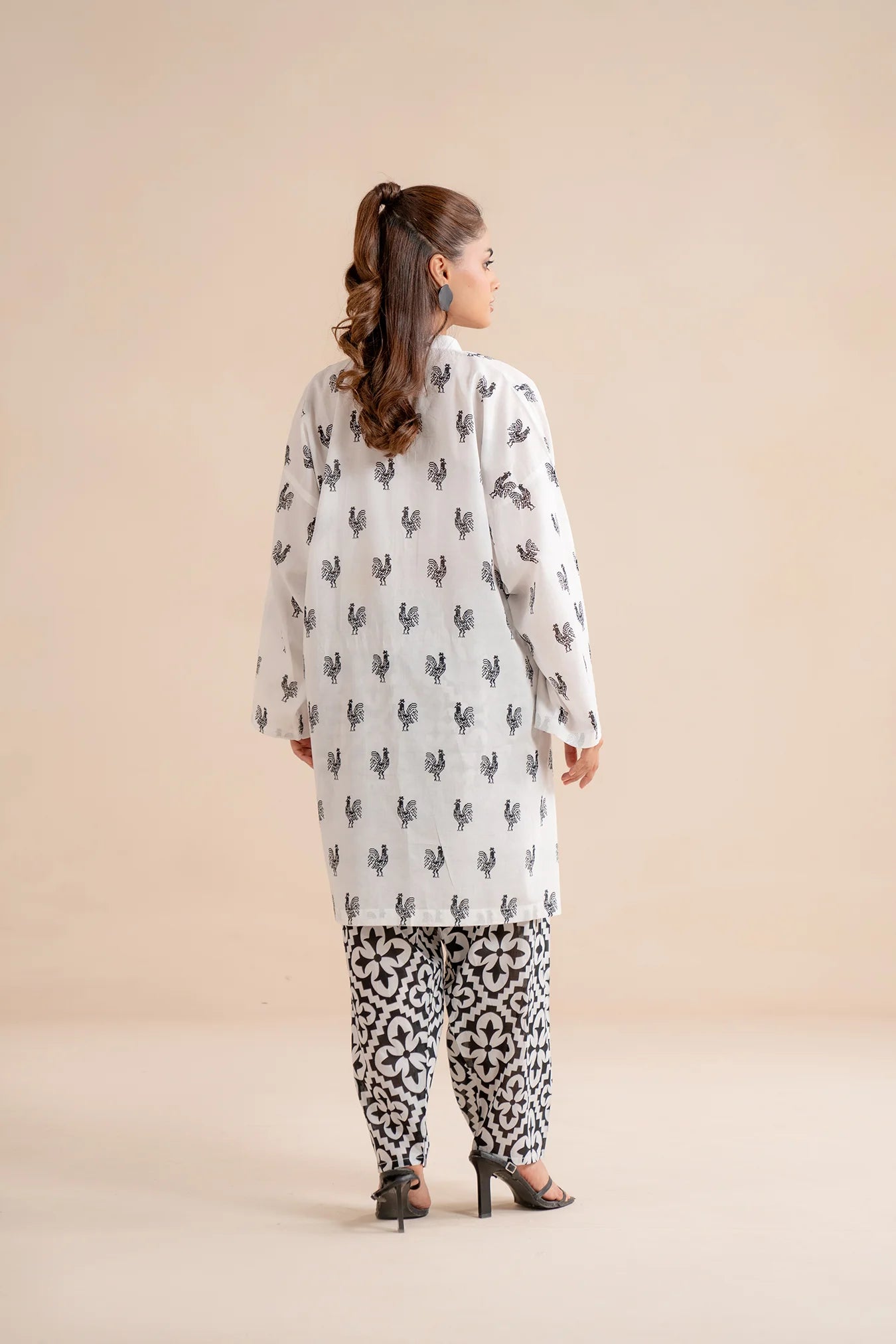 Buy monochrome 1 piece lawn shirt online - white Pakistani kurta black rooster print casual wear