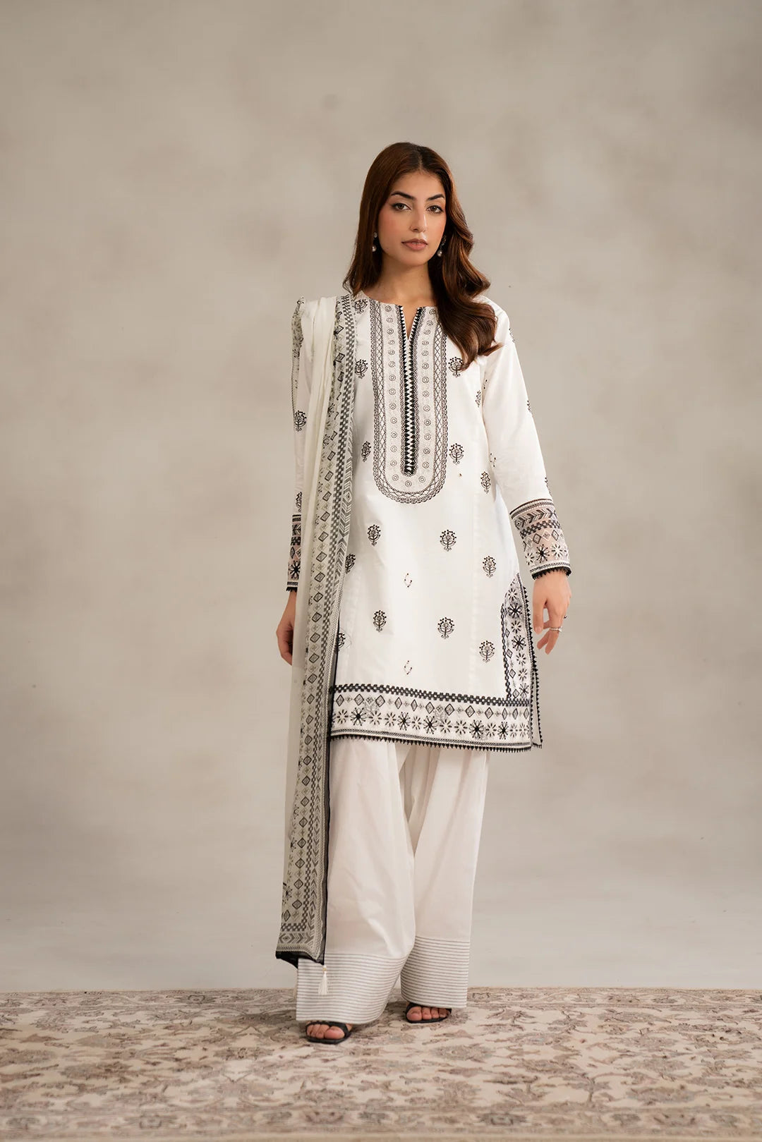Buy monochrome clothing ladies online - white 3 piece embroidered lawn suit unstitched black work