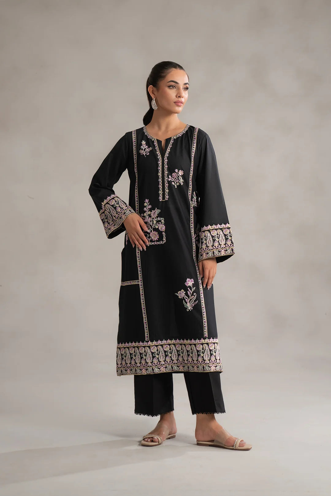 Buy monochrome outfits Karachi - black 2 piece embroidered lawn suit pink floral work Pakistan