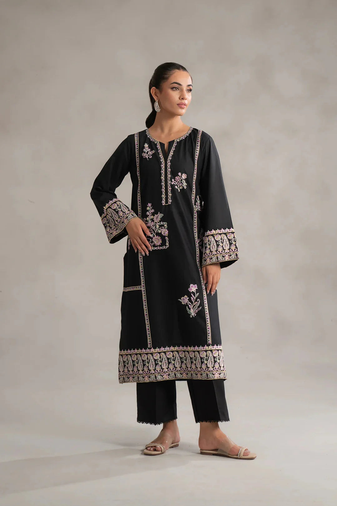 Buy monochrome outfits Karachi - black 2 piece embroidered lawn suit pink floral work Pakistan