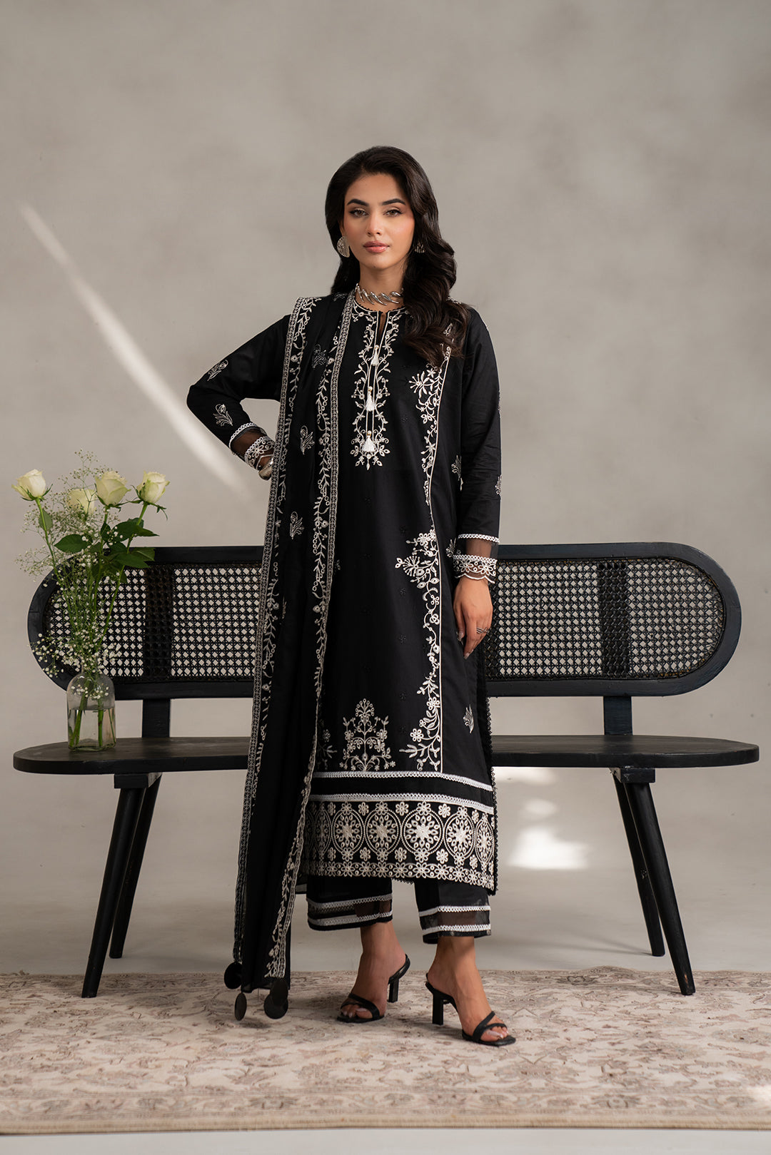 Buy monochrome outfits muharram collection - black 3 piece embroidered lawn suit white threadwork