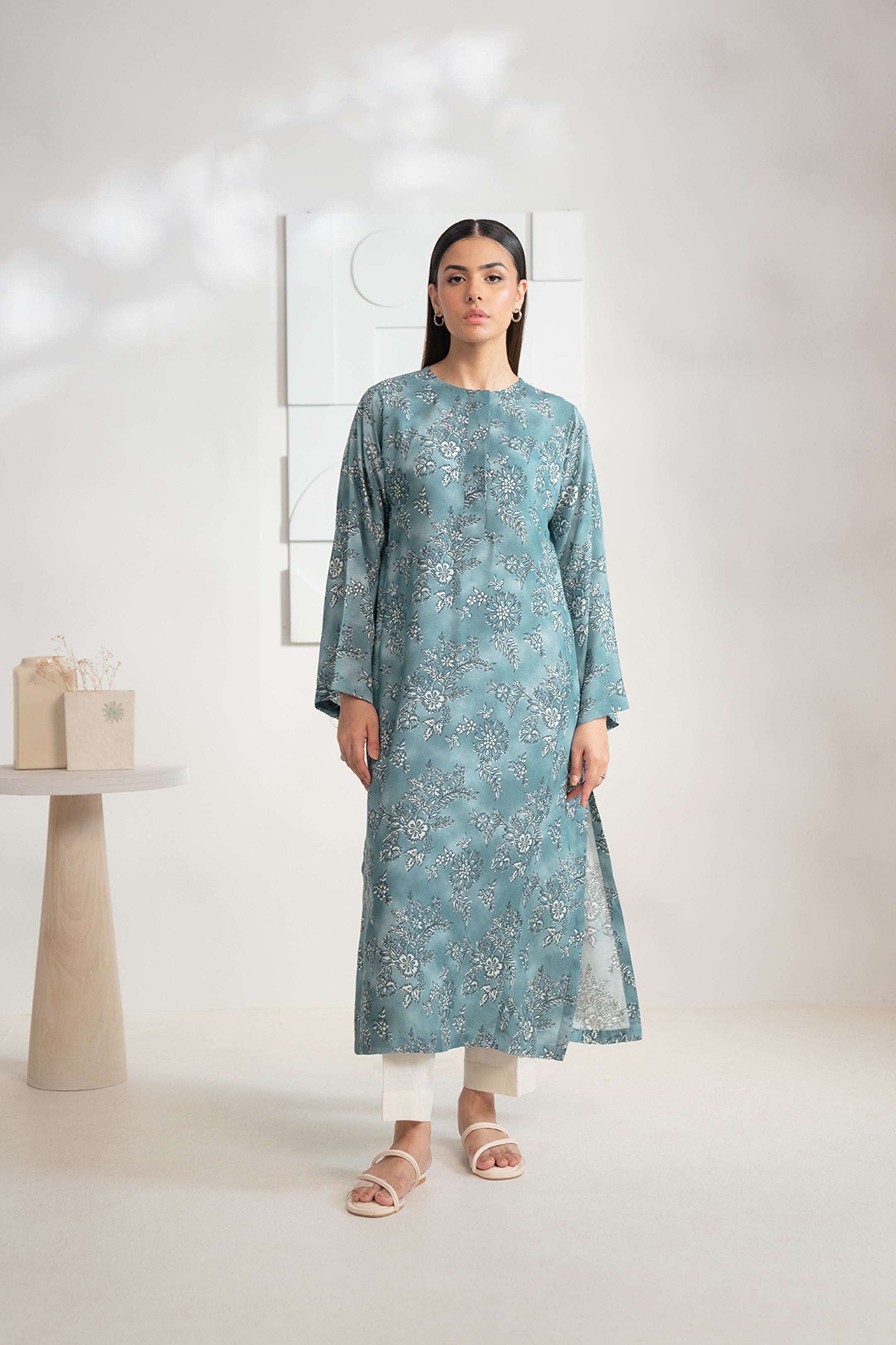 Buy online 1-piece printed Karandi shirt for ladies with a teal base and floral prints