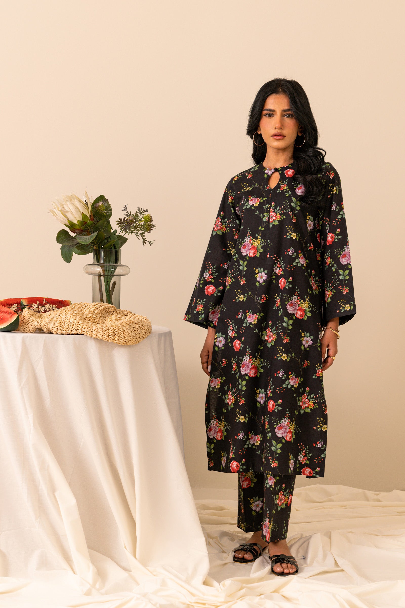 Buy online printed black 2-piece suit with multi-hued digital print, perfect for chic and classy looks