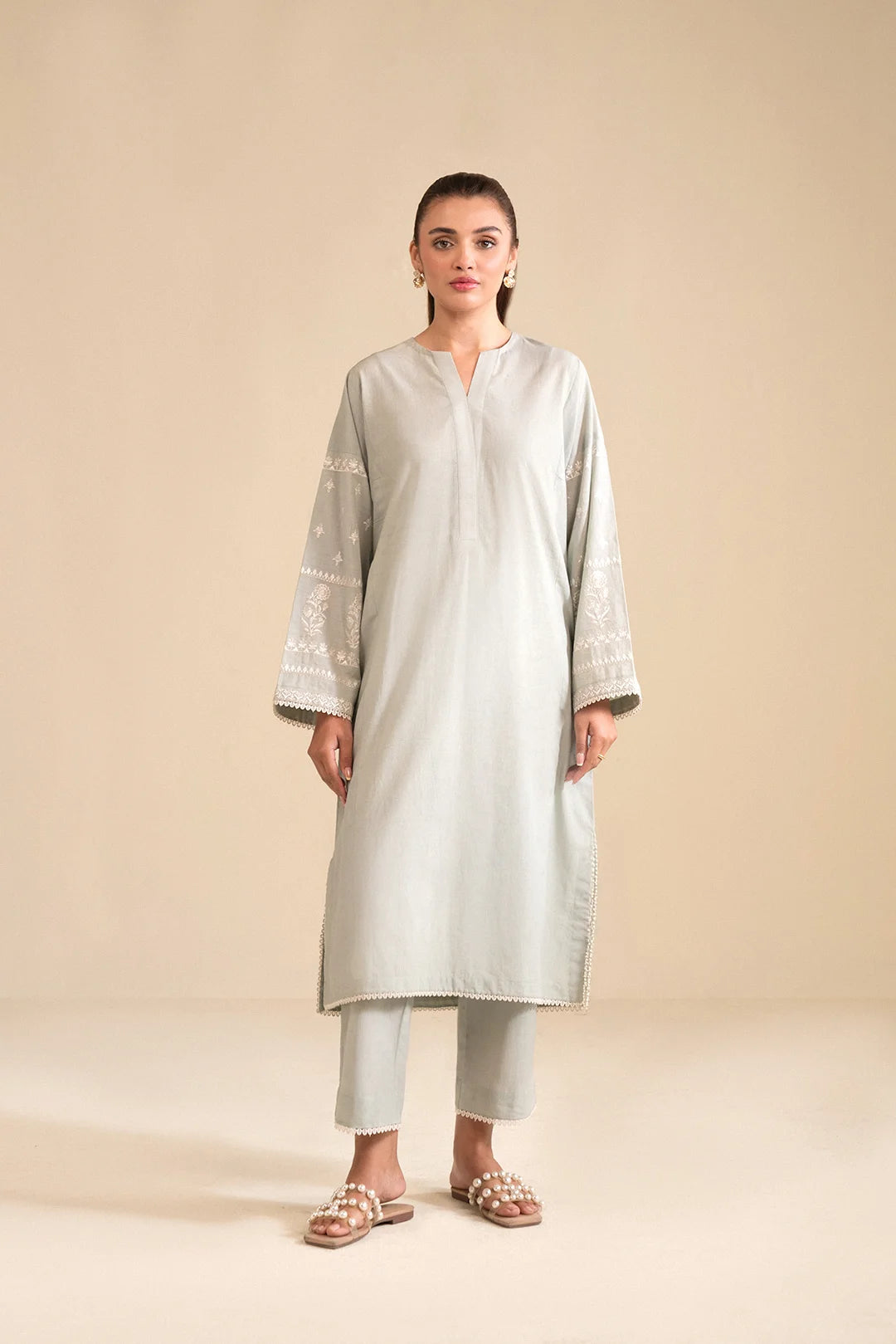 Buy pastel mint embroidered cambric suit – stylish 2 piece outfit for women.