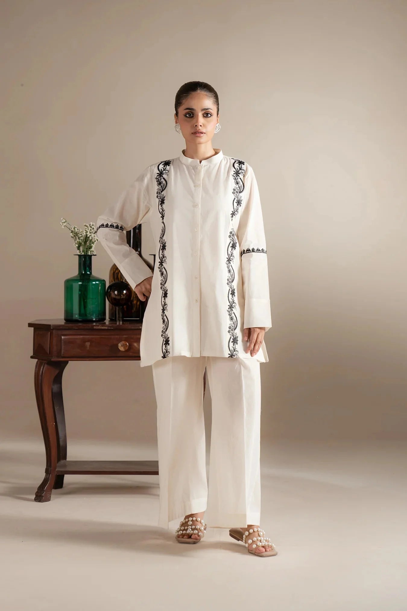 Buy white 2 piece embroidered lawn suit online - monochrome Pakistani dress with black embroidery