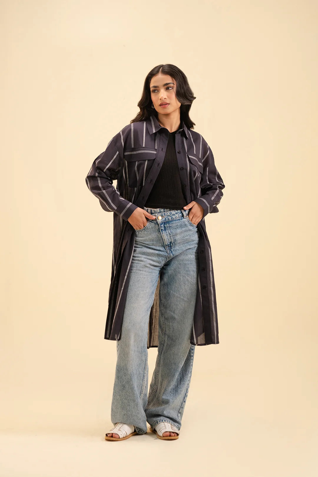 Buy women's long button-down shirt – stylish black striped mid-length top.