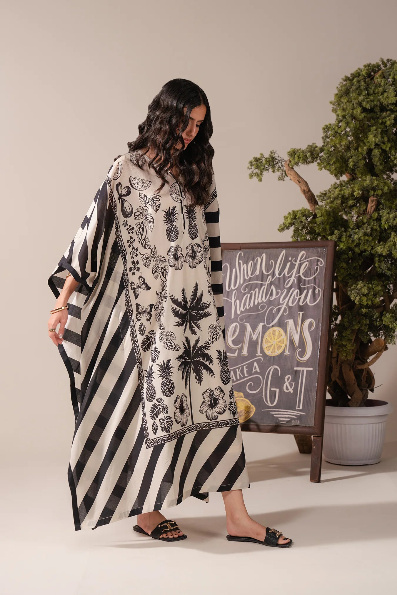 Casual Kaftan Dress for Women – Printed Lawn Maxi with Bold Striped Design
