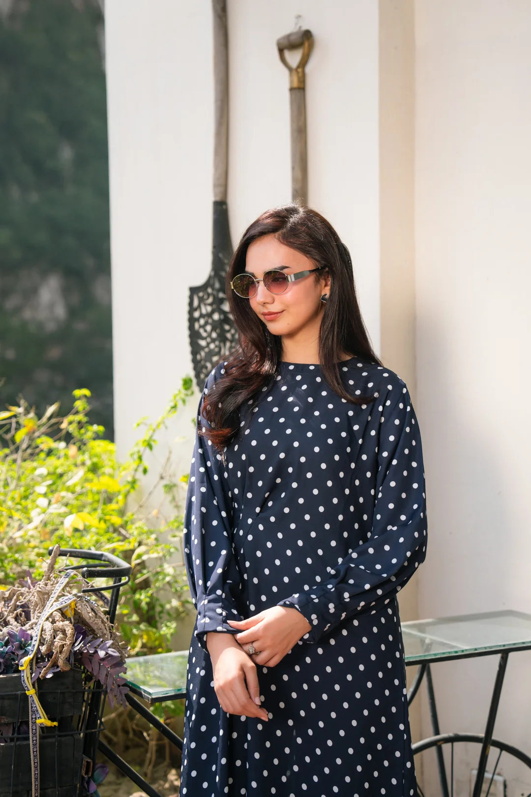 Casual western long dress for women in navy polka dot print