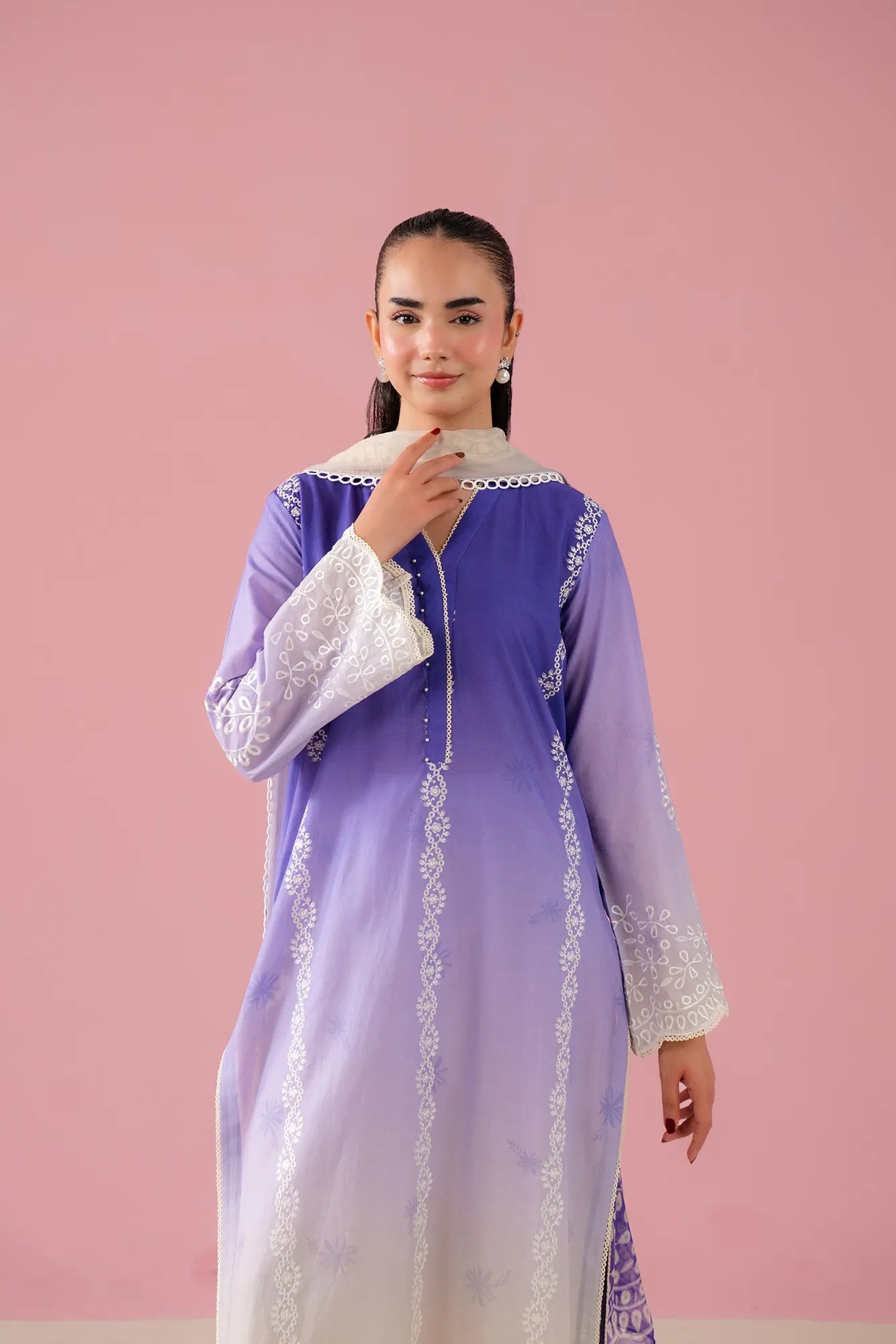 Chic Tie and Dye unstitched embroidered lawn suit with cambric trouser, tailored for women in Lahore’s Gulberg III rich neighborhood