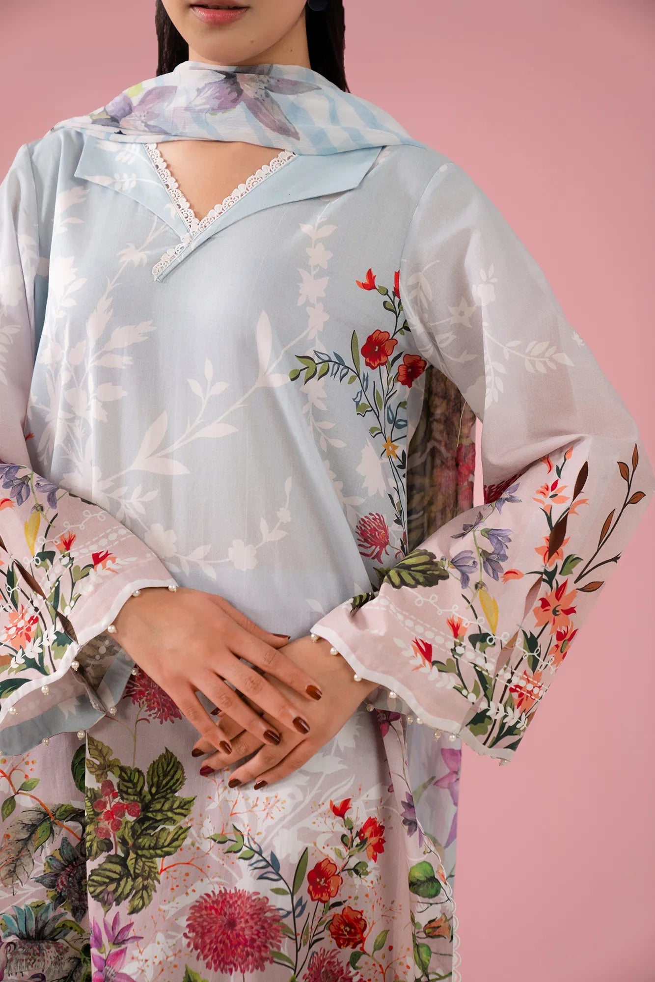 Chic sky pink 3-piece lawn suit with embroidered organza border, ideal for women in Sargodha's luxurious residential communities