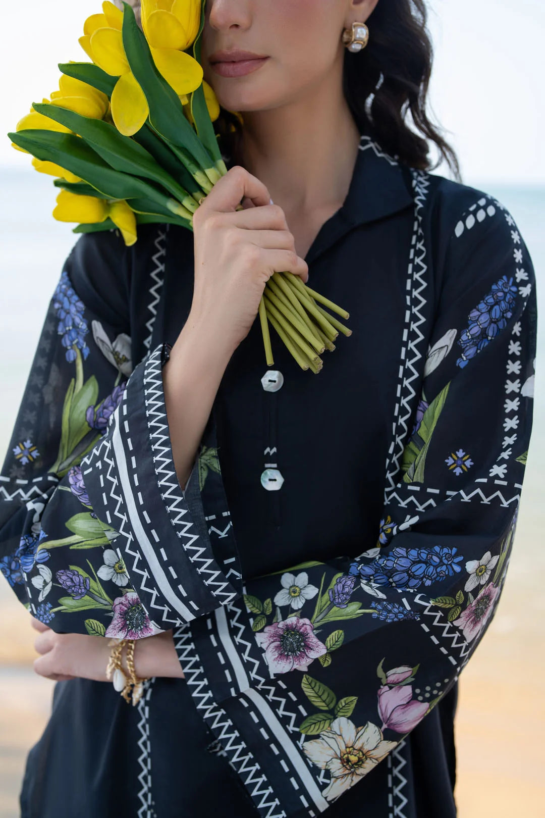 Close-up of black floral printed lawn shirt for women