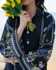 Close-up of black floral printed lawn shirt for women