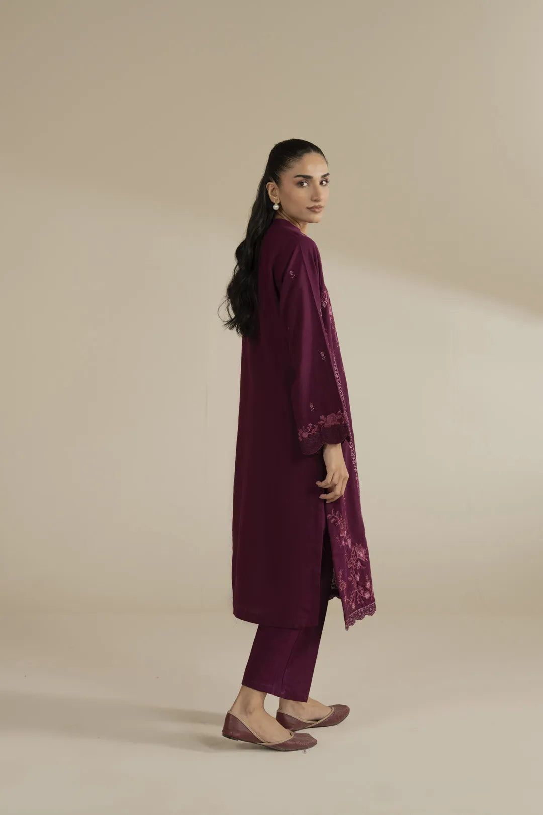 Close-up of embroidered neckline detailing on khaddar shirt, winter collection.