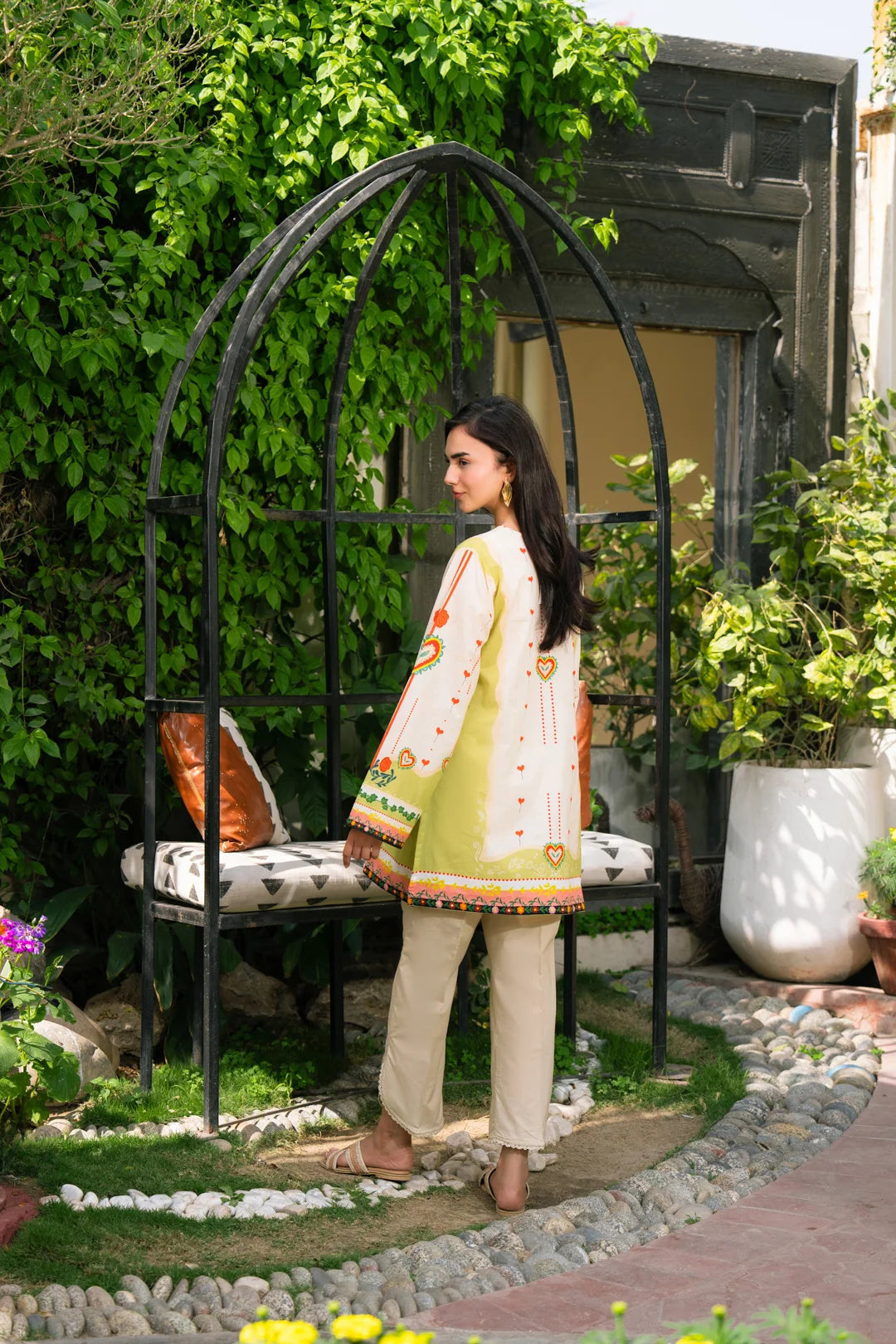 Close-up of pistachio cambric kurta with printed border detail