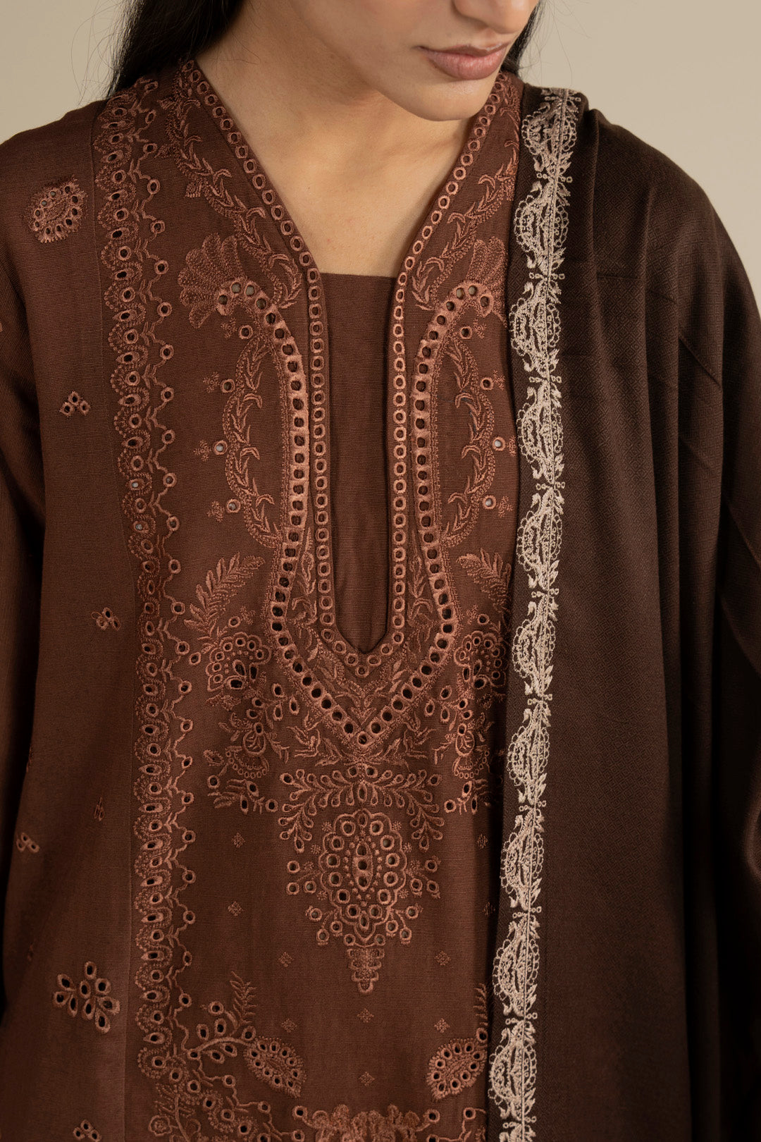 Close-up of the outfit neckline with the dark brown shawl layered, highlighting texture and contrast.