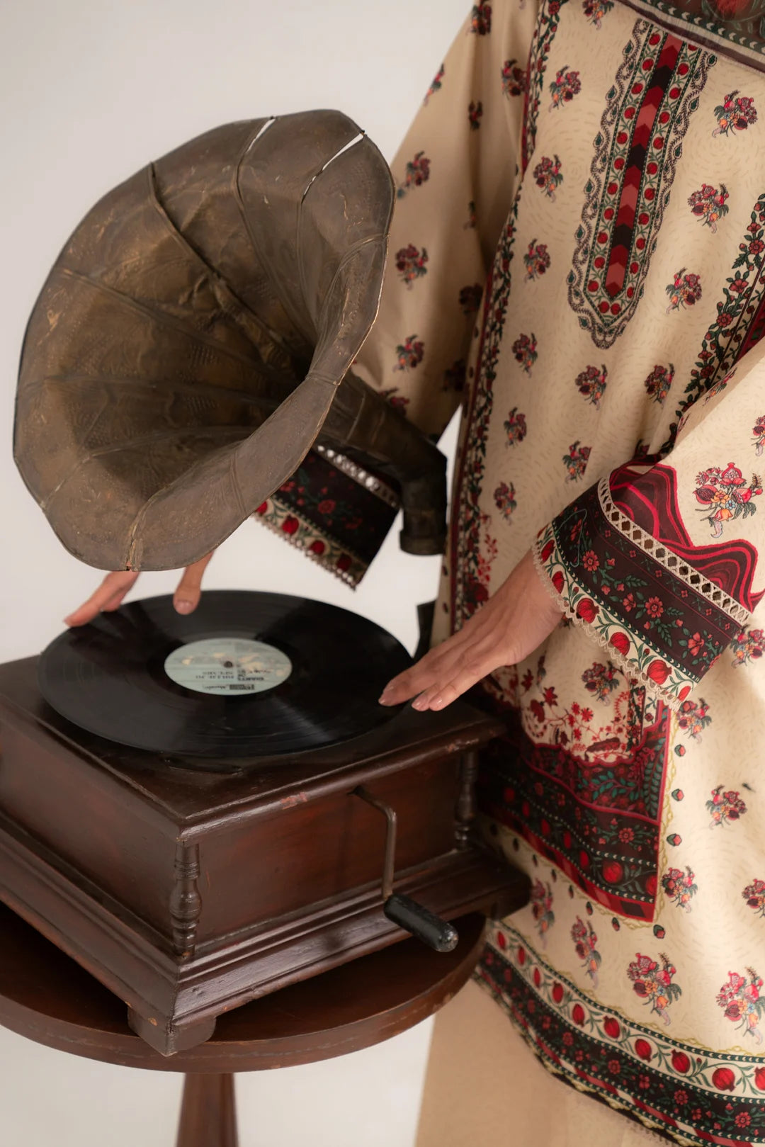 Close detail of multicolor printed dupatta and shirt fabric