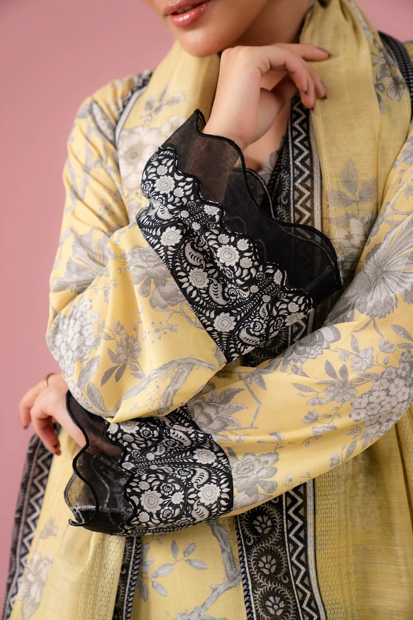 Comfortable embroidered linen 2 piece dress with organza border – perfect pick in Lahore PIA Society clothing outlets