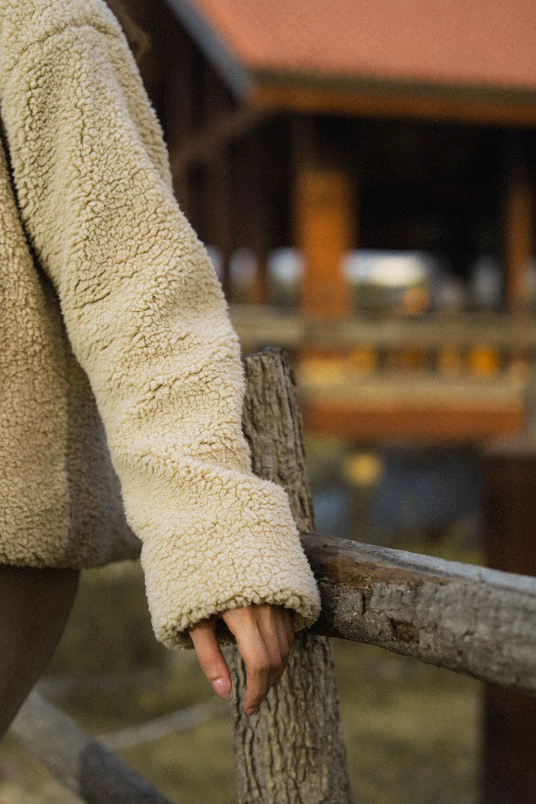 Cozy beige sherpa jacket front view—warm everyday outerwear