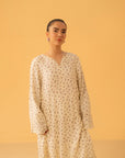 Cream floral linen suit women – 2 piece outfit with embroidery and lace details