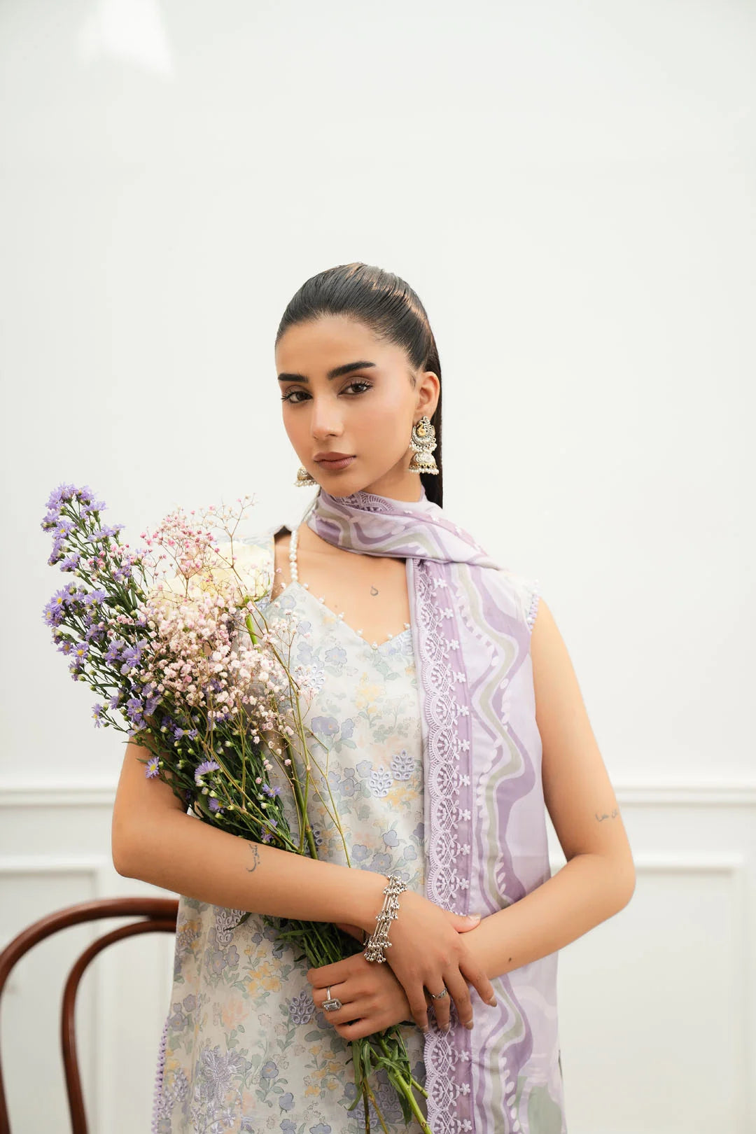 Cream lilac 3 piece unstitched lawn suit with printed silk dupatta summer wear Pakistan Meher Vol 2 2026