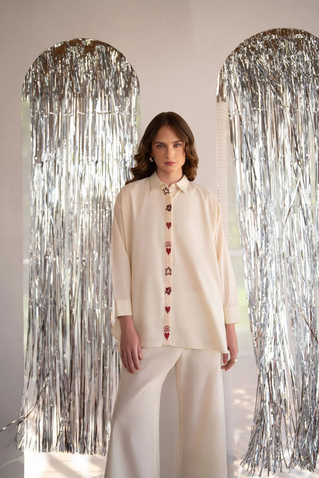 Cream matching set with subtle embroidered detail