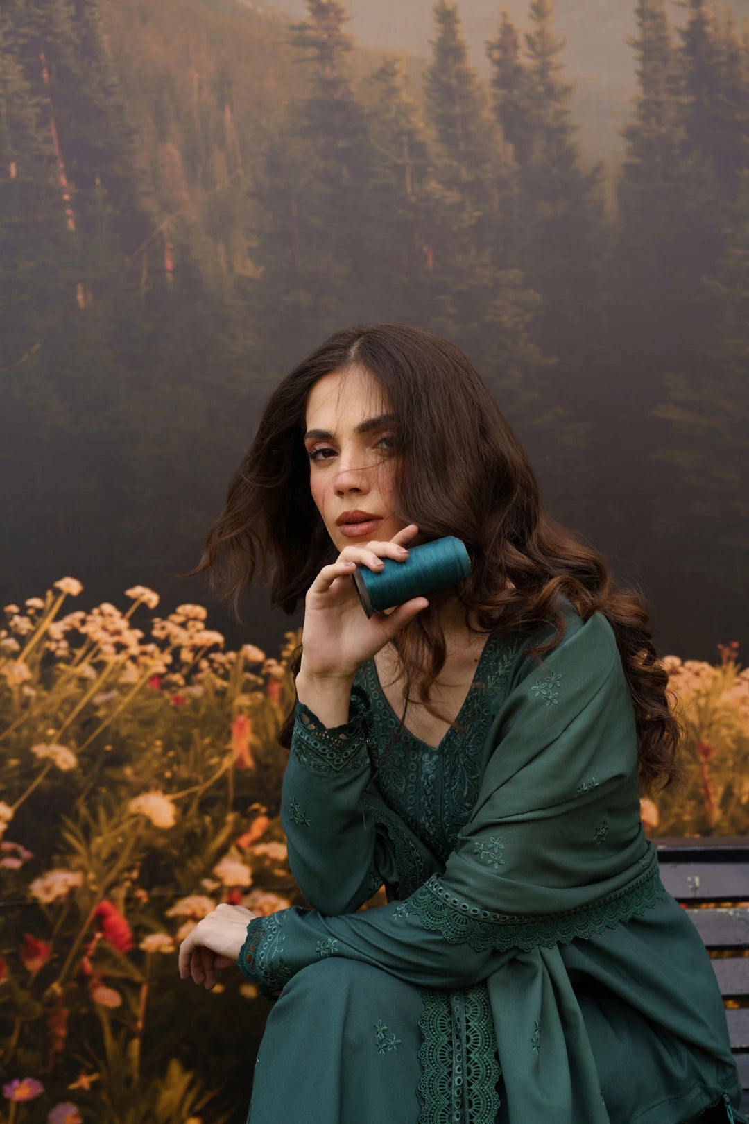 teal embroidered linen suit with high neckline and matching dupatta