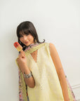 Butter yellow unstitched lawn suit close up V neck embroidery detail solid 3 piece Pakistan 2026 Beyond East