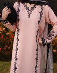 A woman wearing a light pink traditional kurta with black floral embroidery, holding a black clutch and wearing a sheer patterned dupatta, set against a blurred outdoor garden background.