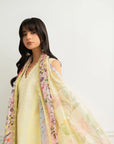 Yellow solid 3 piece unstitched lawn suit side view contrast printed dupatta summer Pakistan Beyond East