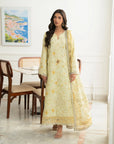 Printed silk dupatta botanical print pastel yellow 3 piece unstitched lawn suit Pakistan Beyond East 2026