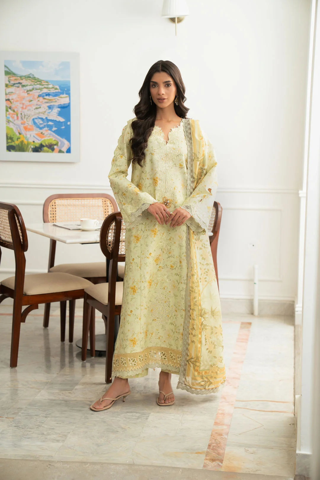Yellow 3 piece unstitched lawn suit women summer Eid wear long frock style Pakistan Beyond East 2026