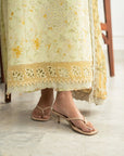 Matching printed trouser lace border pastel yellow 3 piece unstitched lawn suit Pakistan Beyond East Meher 2026