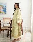 Yellow 3 piece unstitched lawn suit full length botanical floral print summer collection Pakistan Meher Vol 2