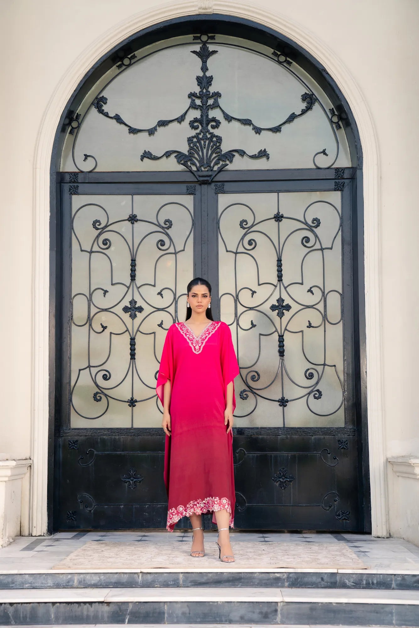 Premium silk kaftan Pakistan embroidered design winter 2025