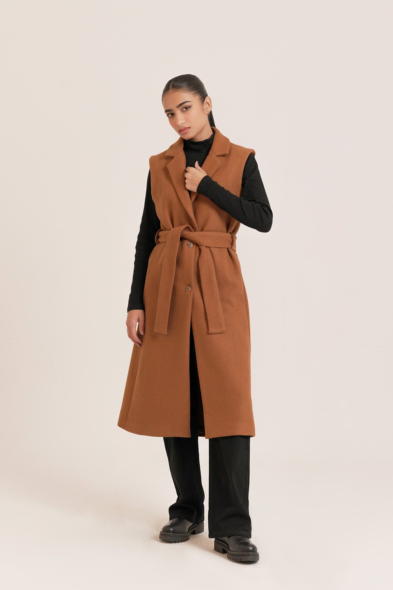 Belted Wool Blend Sleeveless Coat Beyond East Official