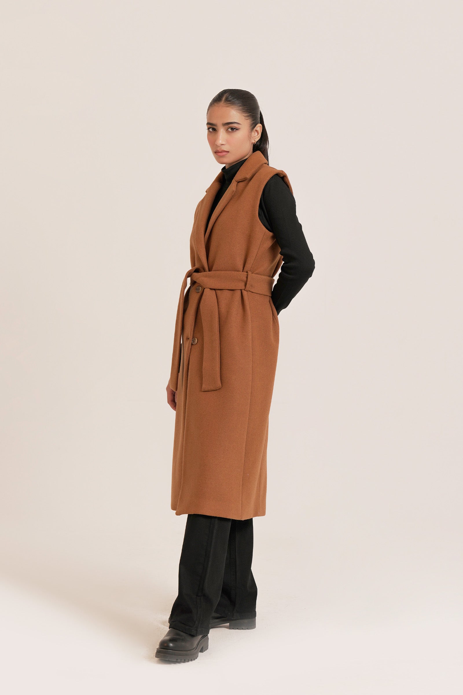 Belted Wool Blend Sleeveless Coat Beyond East Official