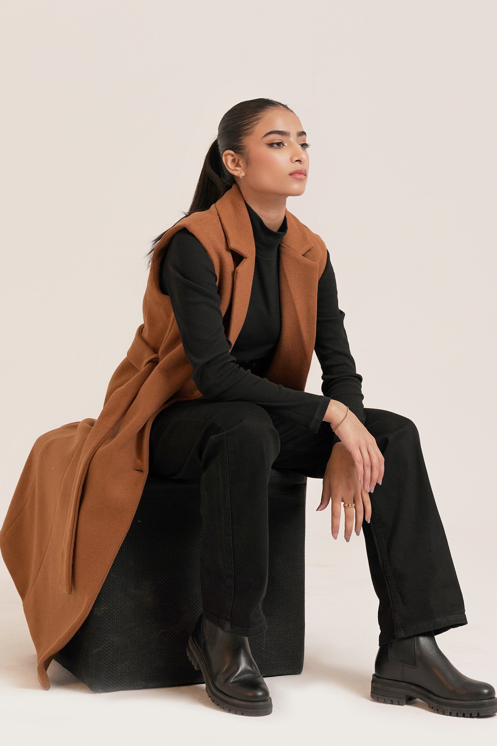 Belted Wool Blend Sleeveless Coat Beyond East Official