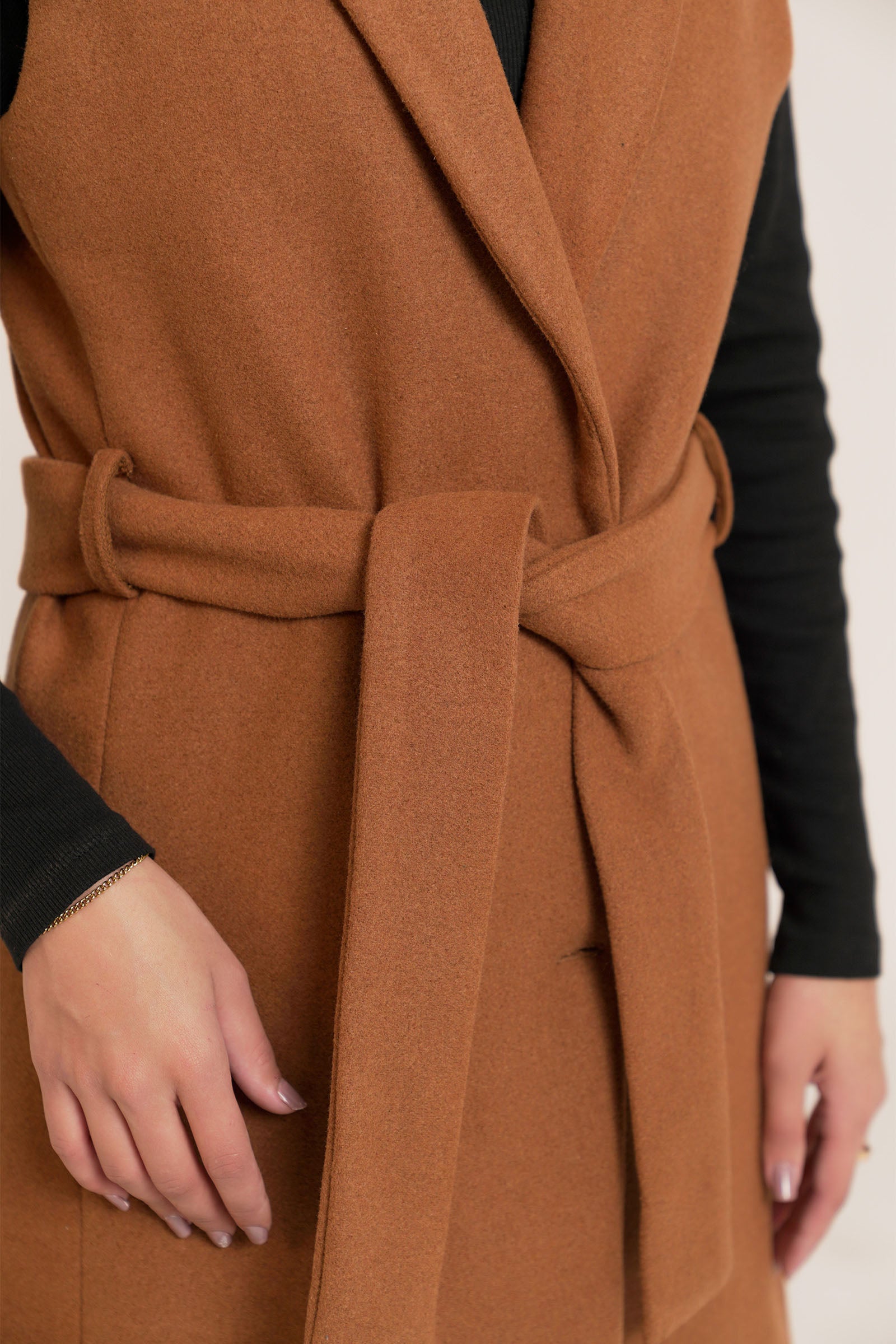 Belted Wool Blend Sleeveless Coat Beyond East Official