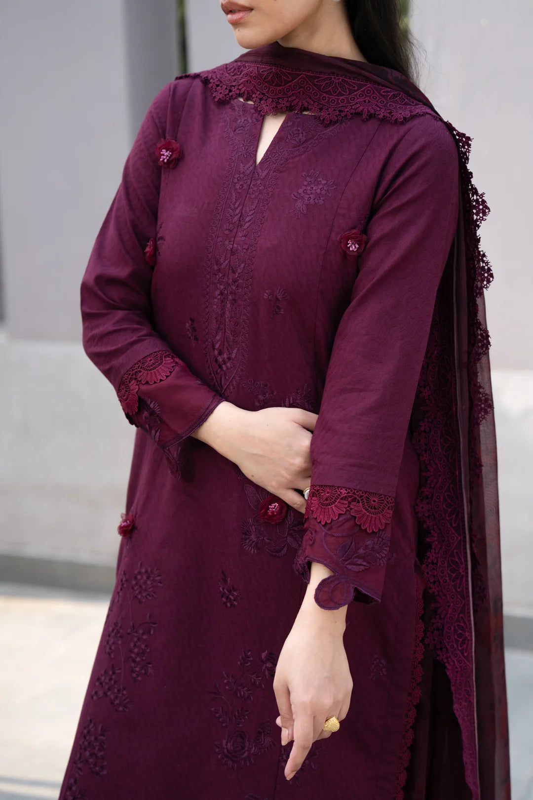 3 Piece Printed Embroidered Dobby Suit