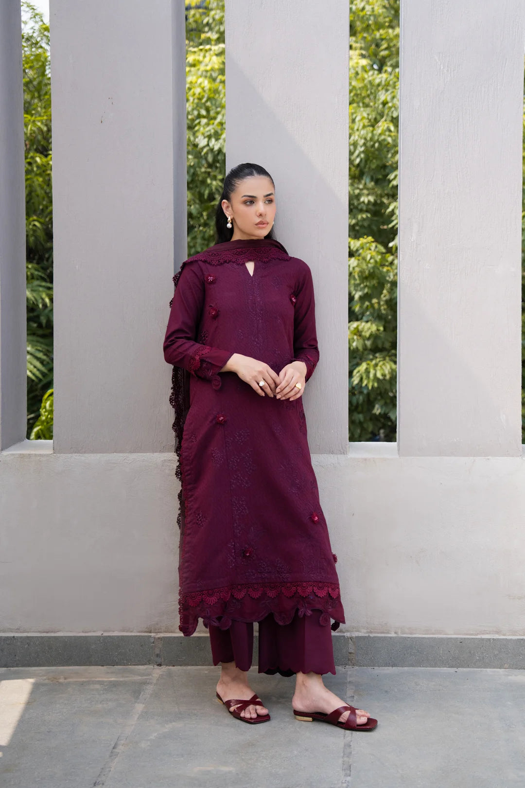 3 Piece Printed Embroidered Dobby Suit