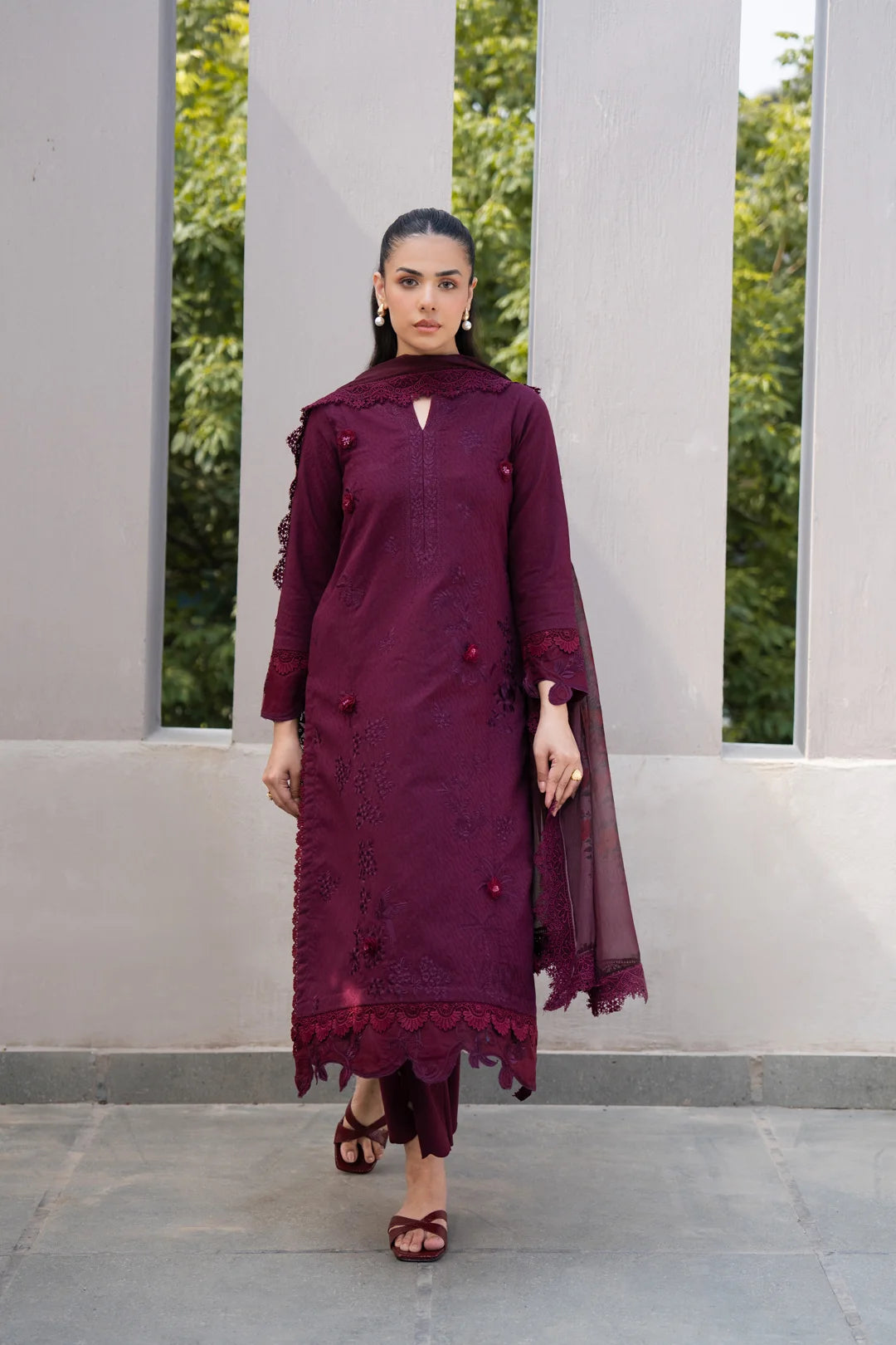 3 Piece Printed Embroidered Dobby Suit