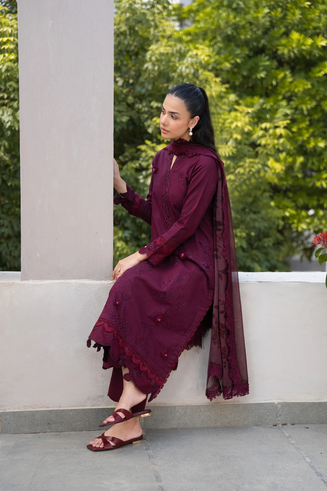 3 Piece Printed Embroidered Dobby Suit