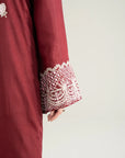 Deep red raw silk suit white embroidery sleeve border detail 2 piece ready to wear Pakistan Beyond East 2026