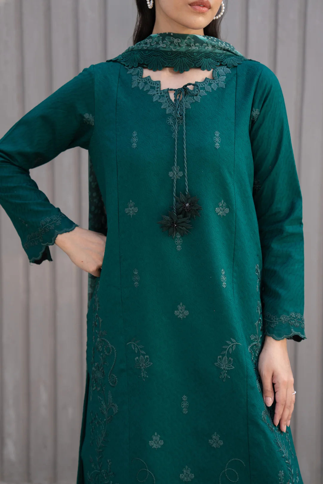 3 Piece Printed Embroidered Dobby Suit