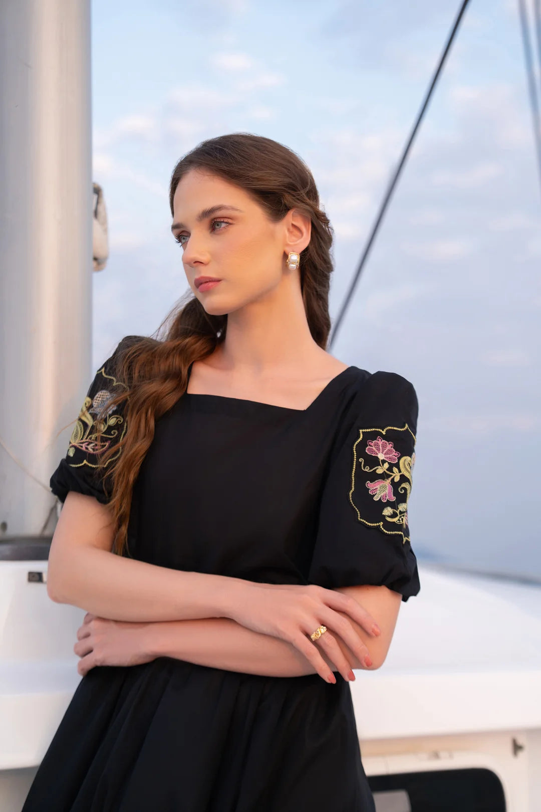 Black cambric frock front view - square neckline short sleeves - women ready to wear 