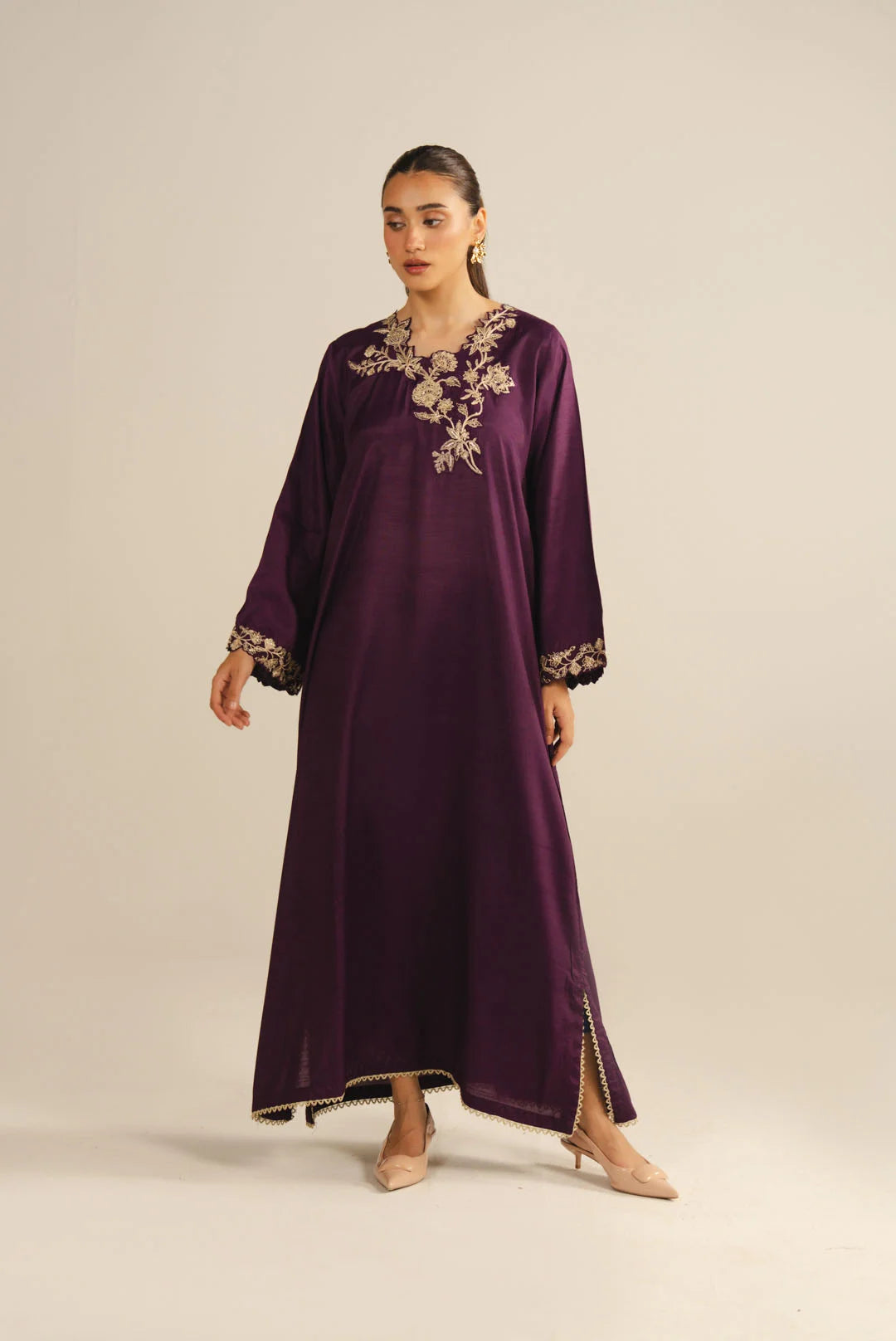 1 Piece Embroidered Raw Silk Kaftan