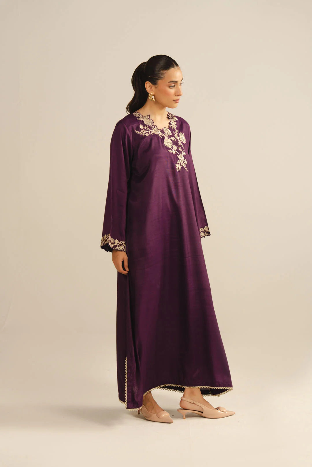 1 Piece Embroidered Raw Silk Kaftan