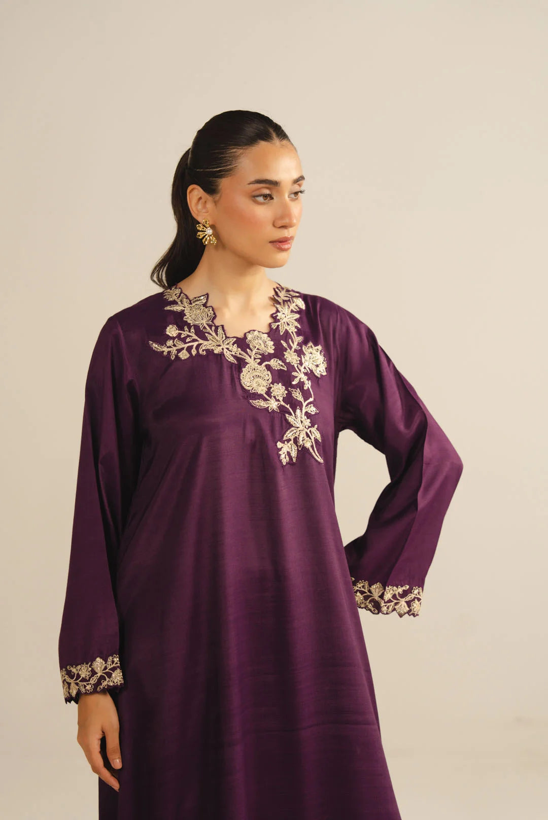 1 Piece Embroidered Raw Silk Kaftan