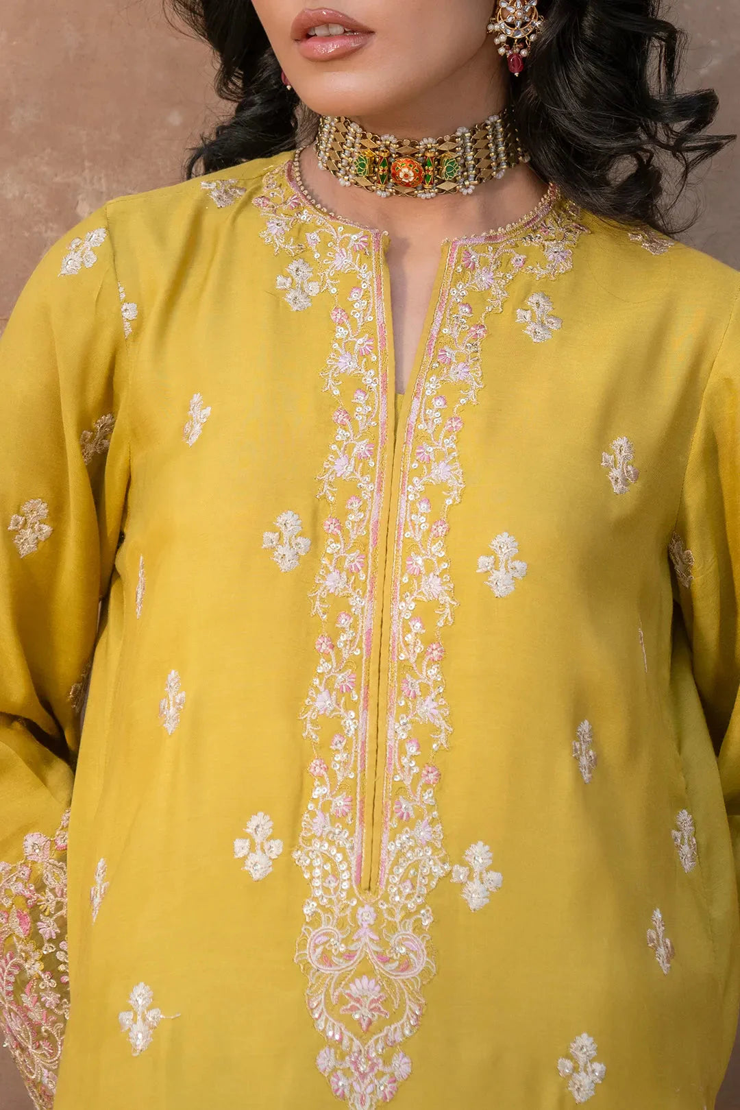3 Piece Embroidered Raw Silk Suit Pret SS - 25